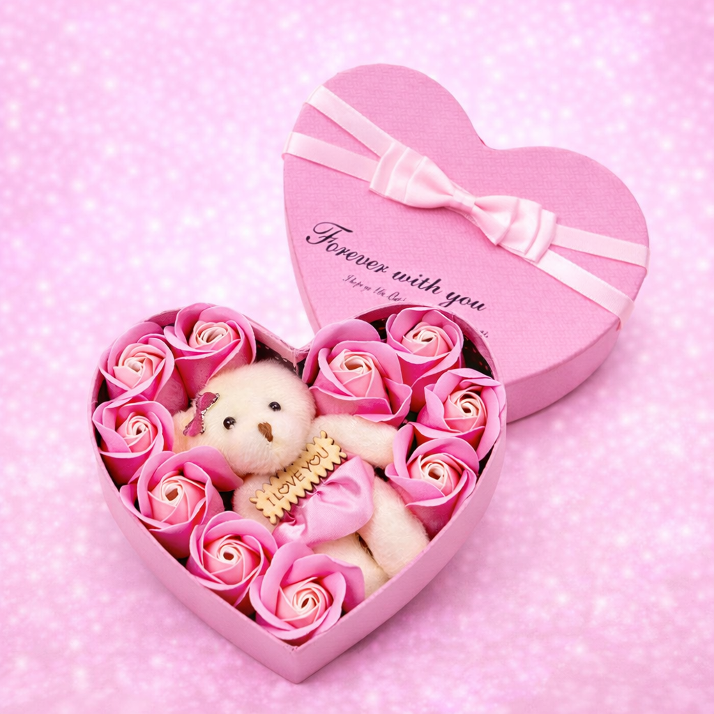 Soap Rose Gift Set - 10 Floral Roses with Teddy Bear