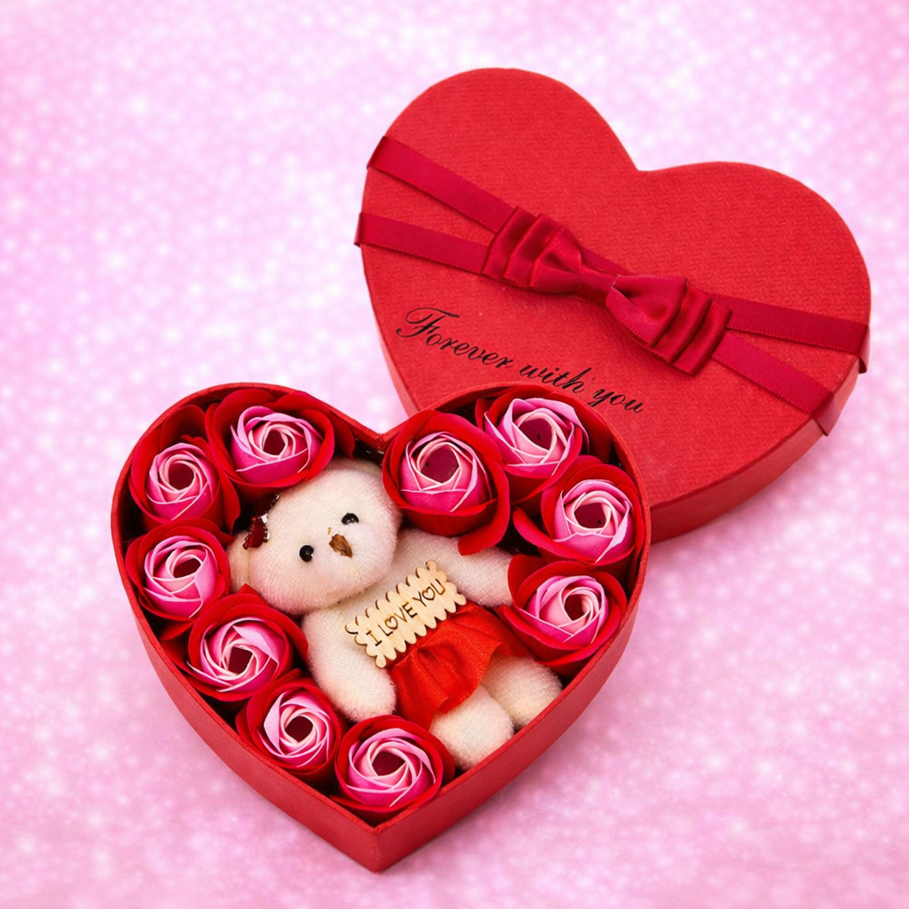 Soap Rose Gift Set - 10 Floral Roses with Teddy Bear