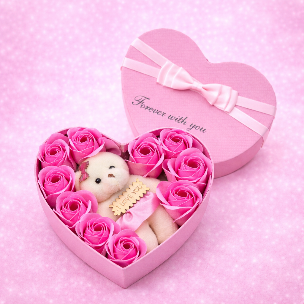 Soap Rose Gift Set - 10 Floral Roses with Teddy Bear