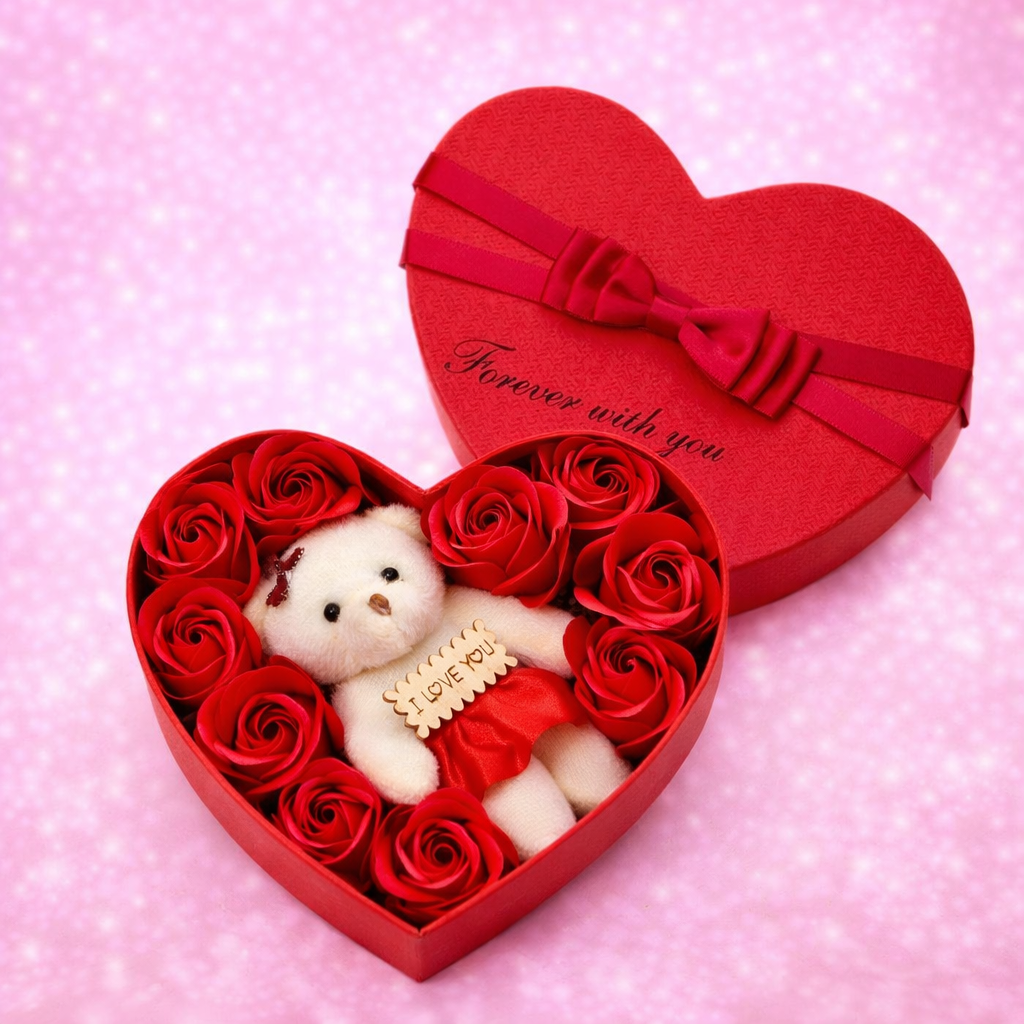 Soap Rose Gift Set - 10 Floral Roses with Teddy Bear