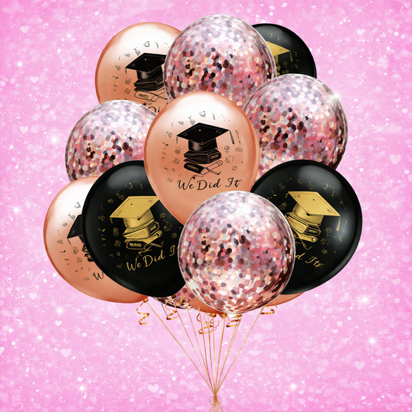 Graduation Latex Balloons - Gold Silver Black 10 Pack