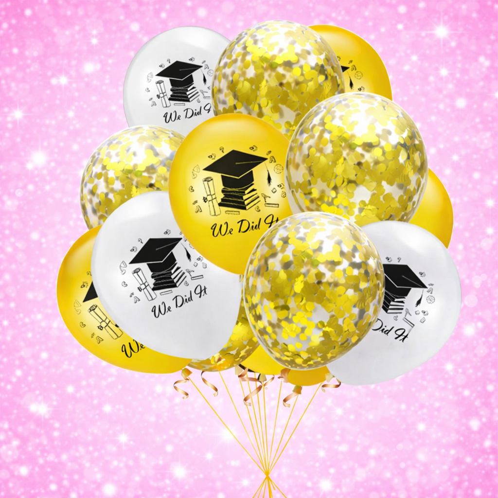 Graduation Latex Balloons - Gold Silver Black 10 Pack