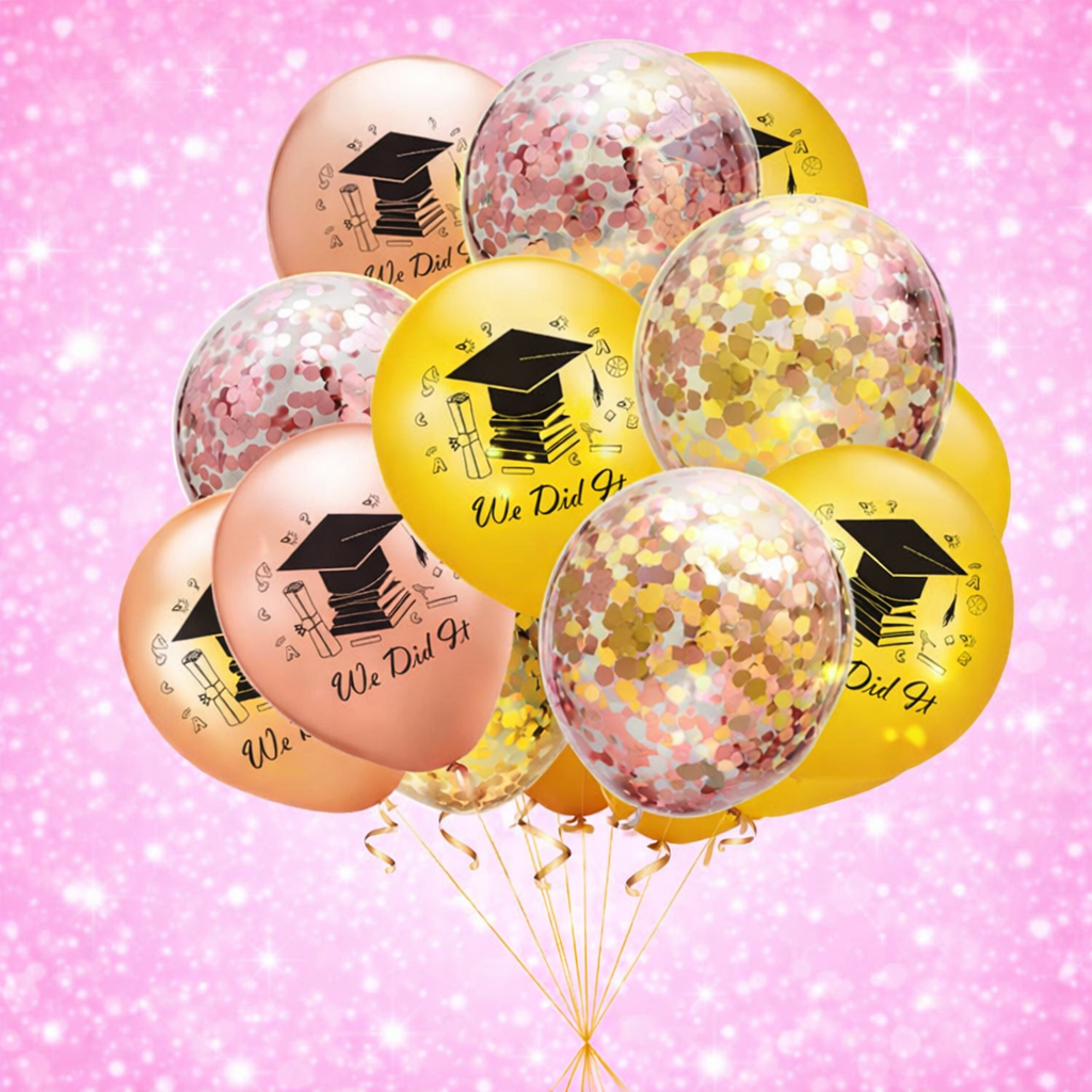 Graduation Latex Balloons - Gold Silver Black 10 Pack