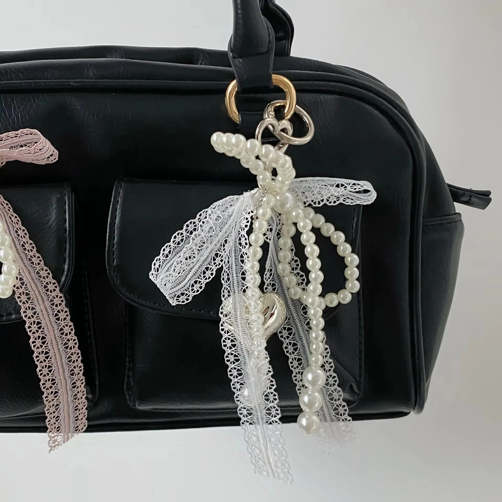 Pearl Bow Keychain Y2K Beaded Lace Pendant